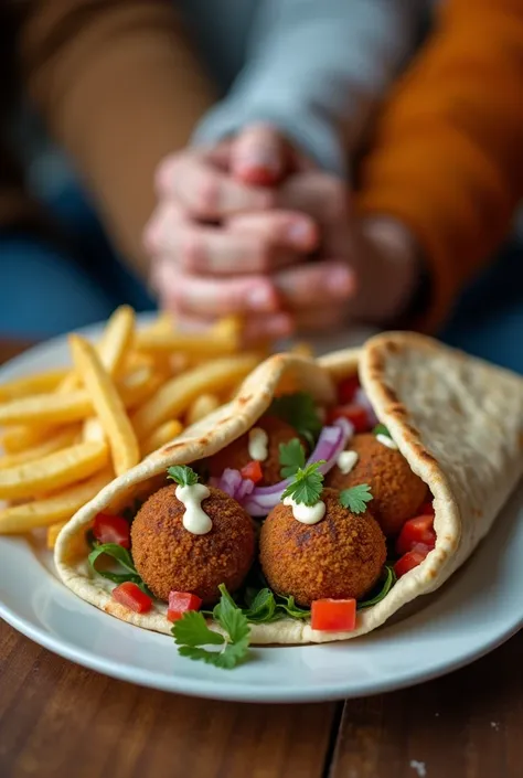 An artistic picture of 4 friends, a couple of men and a couple of women in their 30s holding hands enjoying and happy, sitting, eating falafel inside of a medium pita, looks very tasty, juicy and tantalizing, in addition there are also diced tomatoes, red ...