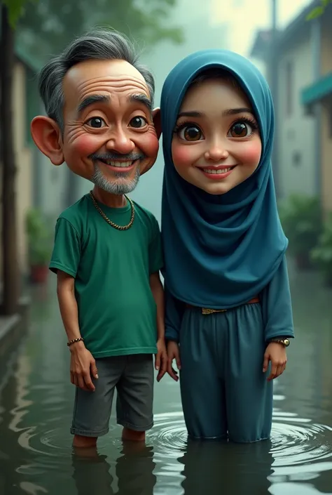  caricature of Indonesian man and woman face in hijab 30 years old big head standing wearing blue green t-shirt " Spirit ".  feet submerged in flood water . flooded office background  .  4k super realistic .