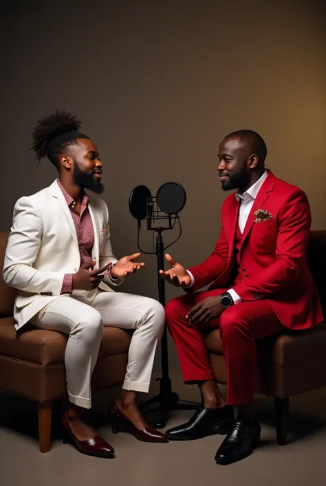 Create a realist portrait of two Nigerian financial experts a beautiful lady and a handsome man sitting on a nice chair in a beautiful studio discussing while face is facing the camera and the front and two podcast microphone are close to them 


Both of t...