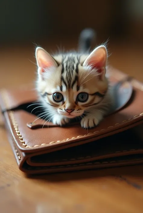 A mini cat comes out from inside a wallet 