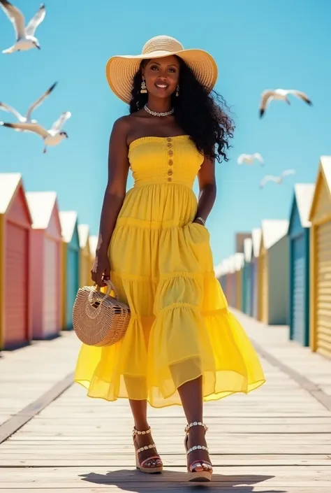 A curvaceous Black woman in a breezy summer flirtation: A strapless lemon-yellow sundress with smocked detailing and a tiered skirt that flares at the hips. She pairs it with cork wedge sandals and a floppy straw hat. Her accessories include a daisy chain ...