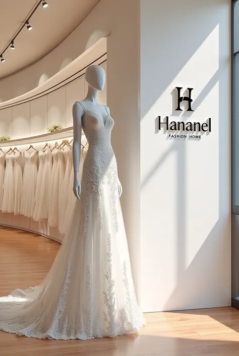 A fashion shop with a mannequin wearing a wedding garment and the brand name boldly written on the wall HANANEL FASHION HOME 