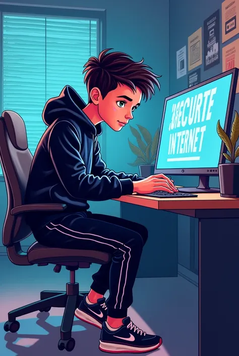 Young ager cartoon full body in black Nike tracksuit, In a computer room touching a computer with a slogan about secure internet
