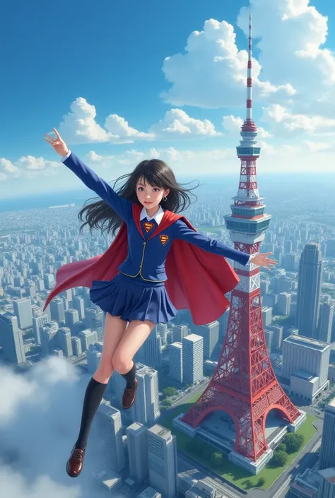 A high school girl gracefully flies between Tokyo Tower and the buildings below. Like Superman.