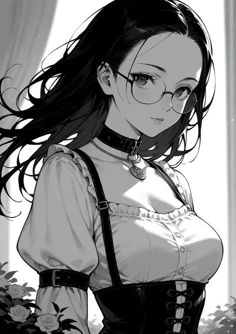 core_9,score_8_up,score_7_up,score_6_up, face, (1Girl), (long hair), glasses, medium breasts, (anime), forehead, pose, two low tails, monochrome, lineart, (manga), ((sexy)), black hair, black and white, waiters, jewelry,medieval, collar 
