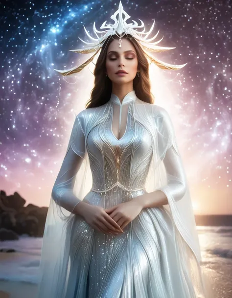 An irresistibly seductive and enchanting woman stands gracefully under a vast, starry sky, exuding the aura of a dominant and divine goddess. Her presence is otherworldly, with water splashing around her knees, adding a touch of mystique as it glimmers lik...