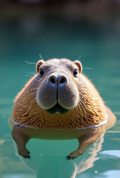 Create a realistic,intricate​ ​details​ 4K UHD photograph of a​ chubby capybara floating in crystal-clear water . The scene should be captured in a close-up shot, with half of the capybara's body visible above the water surface​ and​ Half​ of​ the​ body​ i...