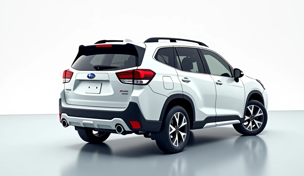 A photo of a 2026 Subaru Forester back bumper side look in a Luxurious Showroom. The Car white and has a sleek design. The background is white. The lighting is bright.
