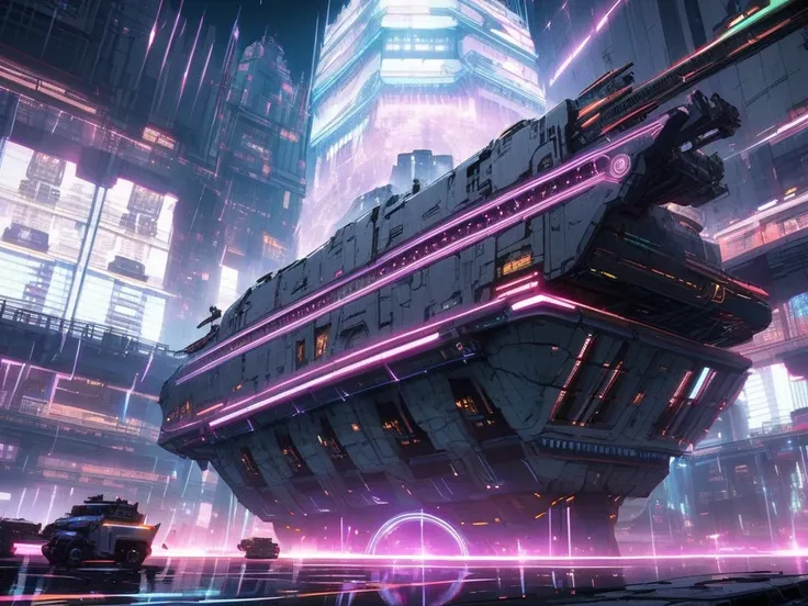 Futuristic fortress ,  with force field around, white buildings,  with cyberpunk details and armed, with cannons on its walls, giant,  Detailed.