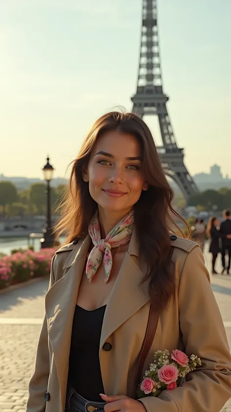 A photo-realistic 8K portrait of a naturally stunning 30-year-old woman standing confidently in the romantic and iconic setting of Paris, with the Eiffel Tower prominently in the background. Her authentic beauty is highlighted by her smooth, natural comple...