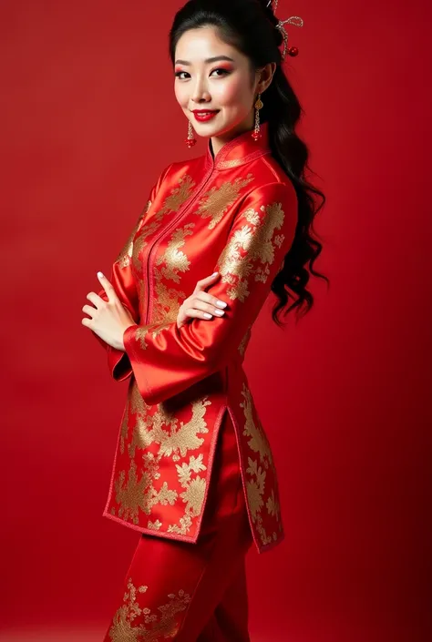 A Chinese woman wears a special red Chinese New Year outfit with a gold design and poses confidently, the pose is performing with a lion dance on stage, showing dynamic attractions accompanied by several sparks of fireworks adding to the excitement of the ...