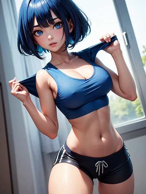  girl, (blue hair,  bob hairstyle ,) ( blue eyes ,)  third breast size, athletic pumped body,  short shorts , blue t-shirt