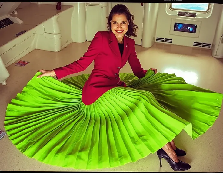 In a 35mm Award-winning photograph, long exposure, detailed, and vivid. Documentary shot, a smiling Sapphic space therapist Lady is sitting down on the floor in a lesbian women's spaceship, her long, pleated Skirt smoothly fans around her, flowing in the w...