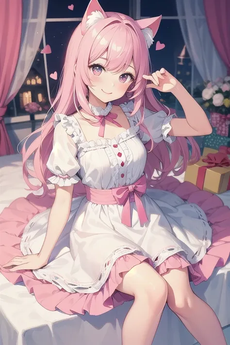 Top quality, high resolution, detailed, beautiful picture quality, one girl, cute pale pink dress with frills, cat ears, lolicon feeling, smiling face, cute design based on pink, overall sweet and dreamy atmosphere, hearts and gift boxes are drawn in the b...