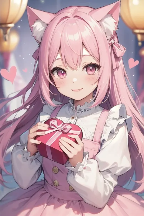 Top quality, high resolution, detailed, beautiful picture quality, one girl, cute pale pink dress with frills, cat ears, lolicon feeling, smiling face, cute design based on pink, overall sweet and dreamy atmosphere, hearts and gift boxes are drawn in the b...