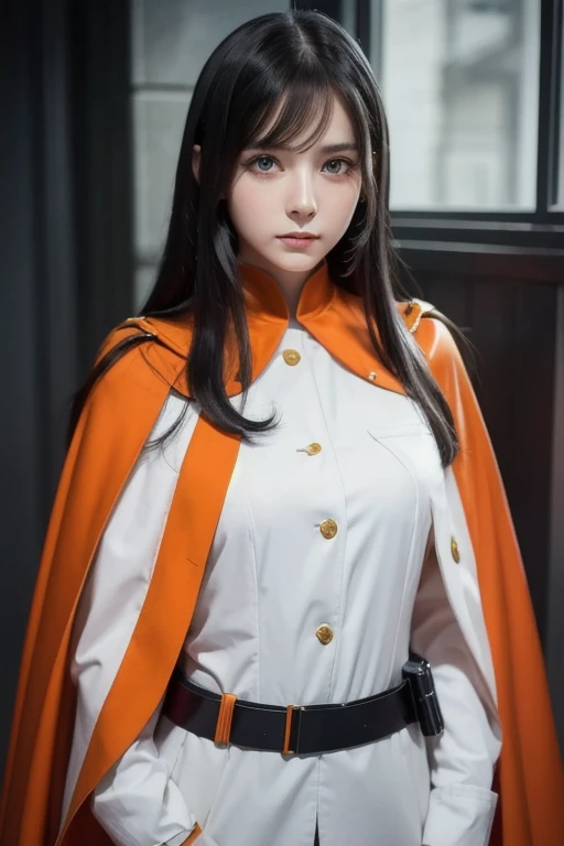  white **-****-*** girl with long black hair is wearing a military uniform,  Orange Cape , Big hazel eyes,  Science Fiction , Dark mood, 