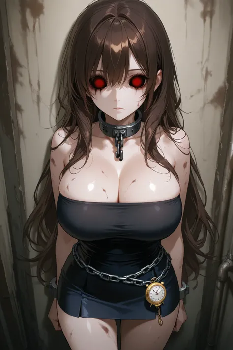  one woman　A dark abandoned room at midnight　dirty woman　 Hair　deep dark brown hair　 long wave hair　 expressionless 　　 collar with chain　 red eyes　 Hollow Eyes 　Big Breasts　Tattered and dirty tube top　 dirty miniskirt　 stick to the wall　 and watch the view...