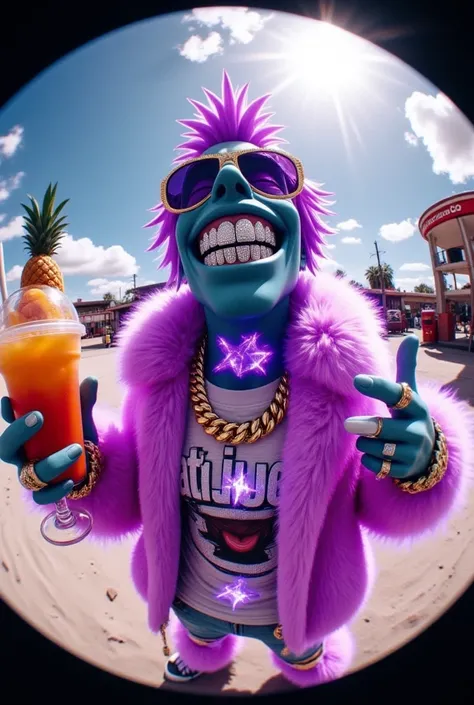 gr!llz, photograph An ultra-realistic, first-person view (FPV) of human-like character inspired by sci-fi aesthetics. The perspective shows the viewer's hands reaching forward, one hand holding an intricately detailed tropical fruit and icecream drink. The...