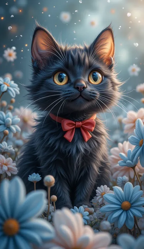 ethereal fantasy concept art of  fluffy black cat ,yellow detail eyes, with red bow in hair whimsical, magical, fantasy art, blue flowers, magic boke, winter