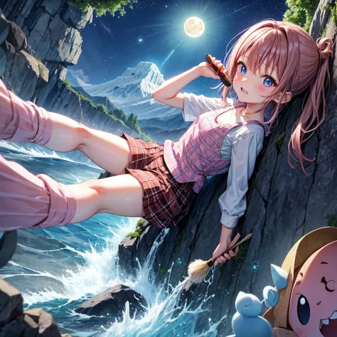 pink brown hair、 blue eyes、 with hair tied、Two cute、 Plaid Mini Skirt、 BLACK T-SHIRT、 light clothing、 One Piece、 camisole、 high socks 、Teeth are visible、The stone is cracked、 the road is crooked、Mountain々、diagonal、 monsters、fog、 Aurora、moon、 shooting star、...