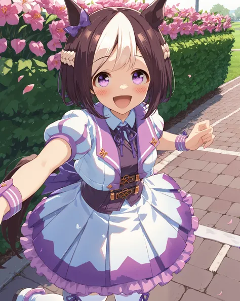 best quality, absurdres, masterpiece, One girl
special week \(Uma Musume\), 
ear bow, purple bow, puffy short sleeves, neck ribbon, blue ribbon, cropped jacket, white jacket, two-tone jacket, collared shirt, white shirt, purple vest, wristband, wrist cuffs...