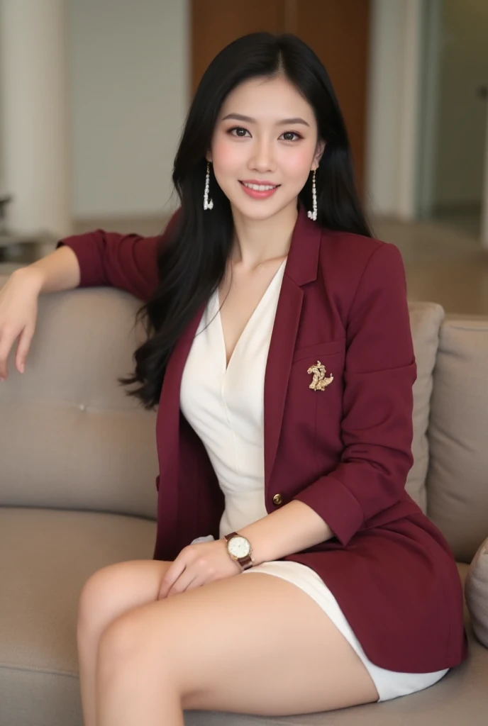  Thai woman, 18 years old, beautiful, cute, good body, beautiful skin, long black hair, beautiful legs, beautiful legs, show beautiful legs, cup chest, full smile, beautiful swan earrings, necklace, watch, mouth is dark pink with lipstick, wearing a short ...