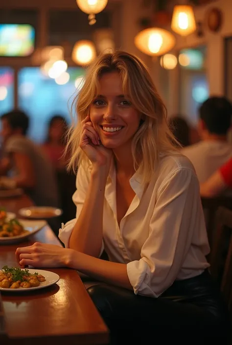 selfie, taken at arms length, aerial shot. A smiling beautiful woman, sitting in a Thai restaurant  looking at the camera She is wearing tight black leather pants, white button blouse .in a small group of people, Realistic:1.1, (photorealistic, 8k, RAW pho...