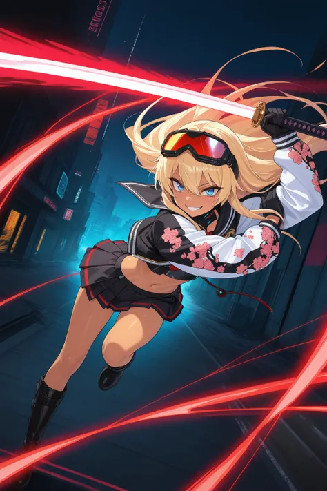 score_9, score_8_up, score_7_up, score_6_up, score_5_up, score_4_up,anime artwork masterpiece,best quality, unreal engine, ultra res, extremely detailed, One Girl,blonde hair,long hair,blue eyes,tan skin,biker goggles on head,black sailor suit,Red sailor s...