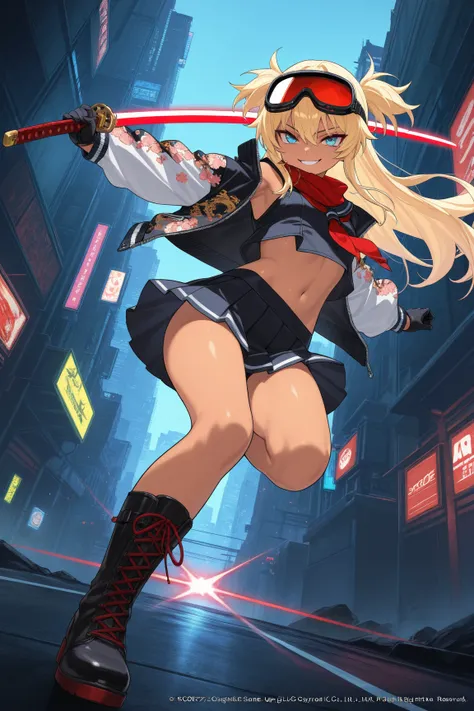 score_9, score_8_up, score_7_up, score_6_up, score_5_up, score_4_up,anime artwork masterpiece,best quality, unreal engine, ultra res, extremely detailed, One Girl,blonde hair,long hair,blue eyes,tan skin,biker goggles on head,black sailor suit,Red sailor s...