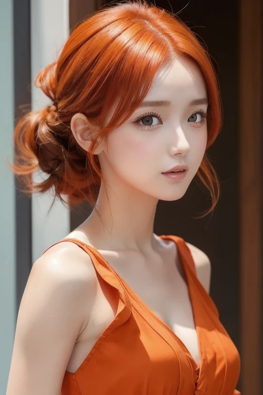 ( embarrassing), Red Hair,  orange hair, WeriArt style,  1 girl, ,  upper body, Highly detailed eyes, employment, clavicle, ruffle dress,  open your mouth