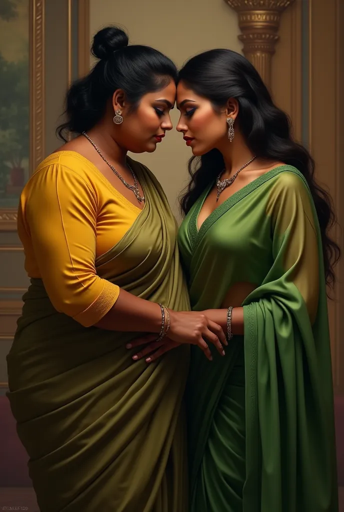 a black, fat,ugly, chubby, indian maid wearing a faded olive saree and a yellow blouse seducing her beautiful house wife wearing a beautiful green saree and a green blouse