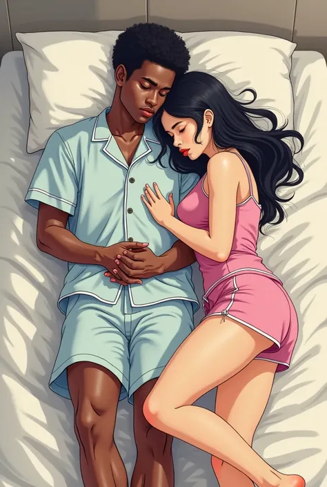 Create an image from a manga style cartoon of a couple lying asleep consisting of a young man of African descent , Short hair,  open eyes , Lying on a bed of wearing pajamas in a shirt and shorts and his back is leaning against the back of an adult woman w...