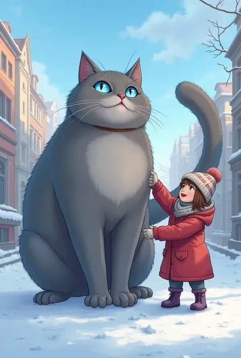 On a sunny day after a snowstorm in the city. A  wearing winter clothes. The girl is playing with her giant cat. The cat is gray with blue eyes and its tail is in the sky. The girl is tying the giant cat with a belt. The picture quality is good. 