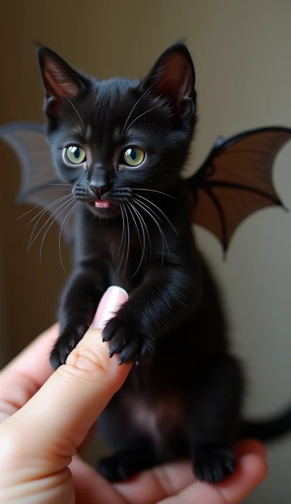 Baby black cat with the smallest bat wings in the world, Stopped at a woman's finger,  is unquestionably cute and charming. The photos are very realistic、It accurately captures the subtle characteristics of black cats