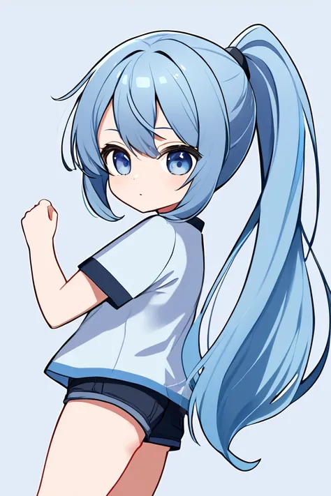  1 girl, solo,  long hair,  high resolution,  ponytail,  high resolution,  simple background, Blue Hair/ light blue hair,  shorts,chibi-style