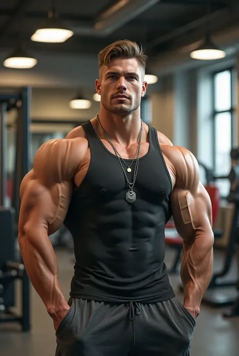 18-year-old bodybuilder with defined muscles flexing his biceps in a gym, military short haircut, Gelled hair ,  tight-fitting tank top , bragging necklace, sweatpants, sneaker