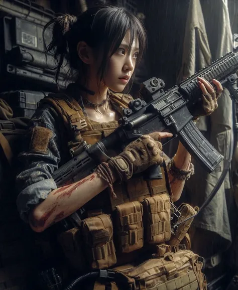 Japanese women in the military. an automatic rifle and looking nervous、bulletproof vest.Backpack.The work depicts in detail a warrior holding an automatic rifle in a post-apocalyptic  The focus should be on the realistic skin texture, capturing every nuanc...