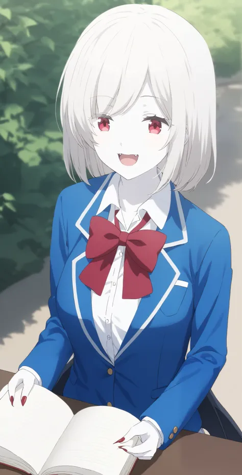  score_9,  score_8_ up,  score_7_ up,  source_Anime,  high definition , Anna,  1 girl, Alone,  school uniform ,  red eyes,  jacket ,  shirt, bow, white  shirt, blue  jacket , collared  shirt,  blazer, red bow,  medium hair , bowtie, bangs, Pure white hair,...