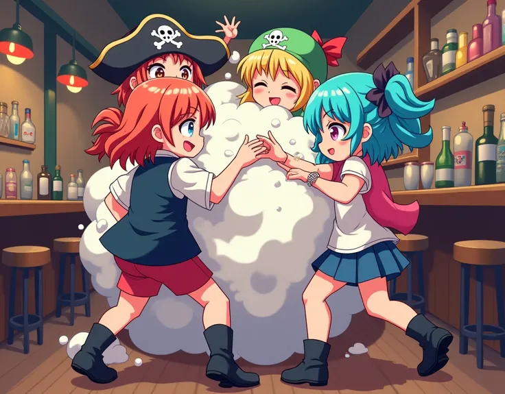 An anime-style illustration depicting many pirates-girls playfully wrestling with each other inside a bar comical fight cloud.
each pirates-girl has different colored hair.
their faces,hands,and feet are visible emerging from the cloud as they tussle humor...