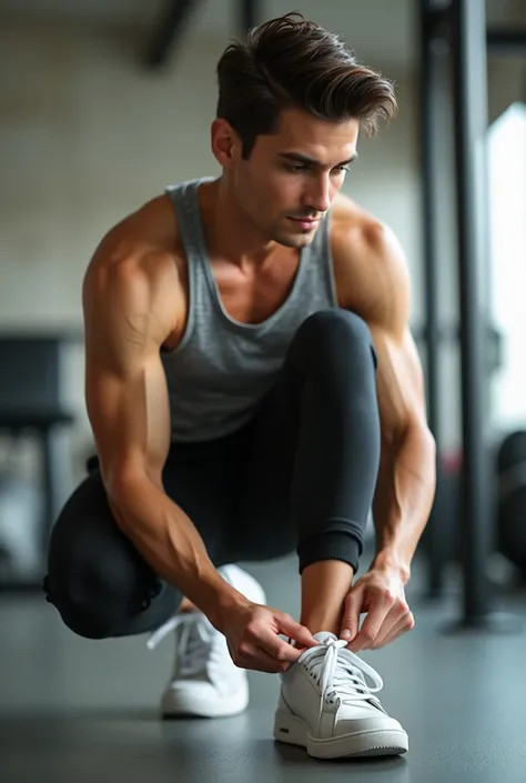 Tender and handsome young man tying his sports shoes, In the background sports equipment
