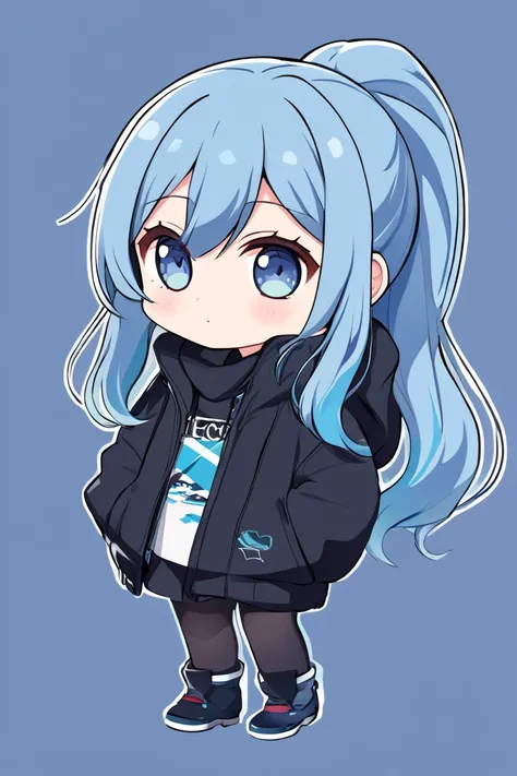  1 girl, solo,  long hair,  high resolution,  ponytail,  high resolution,  simple background, Blue Hair/ light blue hair, chibi-style