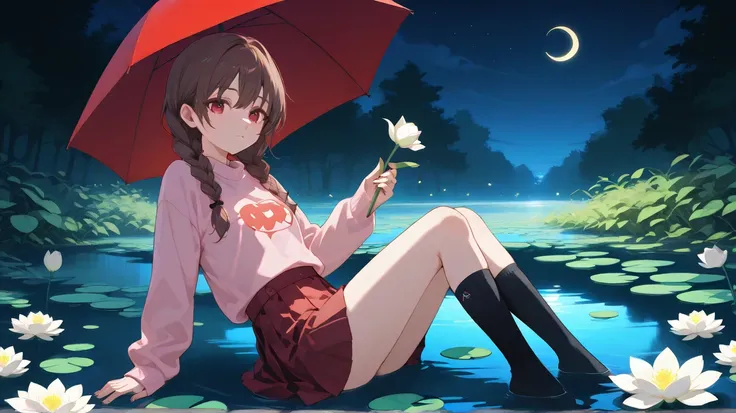 Madotsuki a girl with twin braids holding a red umbrella in a pond of water with lily pads around her waist, tulip, white flower, solo, night sky, crescent moon, pink sweater, print sweater, expressionless, closed eyes, red eyes, brown hair, black socks, h...