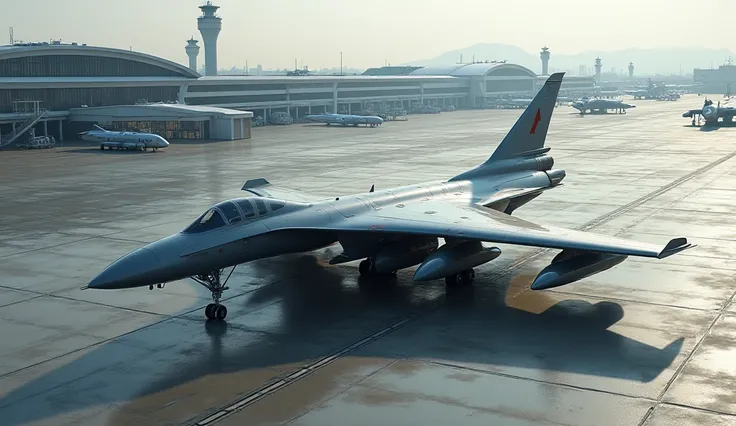 Ultra realistic image Of 2025 xian H-6 aeroplane grey color in luxury airport in side view 