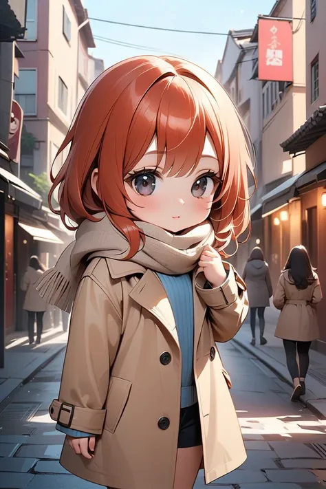   top quality , masterpiece,    Kylie Lightmash   , Digital Painting 、  alone,    one girl  ,  black eyes、(  beige trench coat),（  wears a scarf around her neck ）、 ( chibi: 0.6),    Bright Red Hair  ,    cute,  Random Background 、( Point forward ),