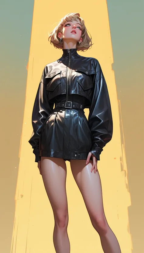  short blond hair，Beauty，black leather jacket ， black miniskirt，Standing，Looking up， masterpiece， perfect body ，Cool girl，High Definition，Bare legs， hands on the waist ，漂亮的Beauty，