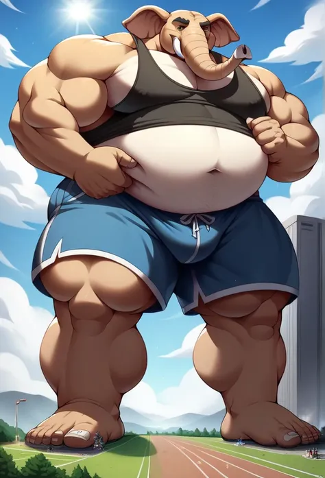 nj5furry, elephant , ，  beast field  ，mature, chubby, big huge fat round belly, thick arms，strong muscles，Shorts，Plush  ， tusks, Greyskin , chubby face，  black eyebrows  ， sky blue eyes  ，bart，smile， Stands on grass  , Vati , (From underneath:1.1)，（reif, W...