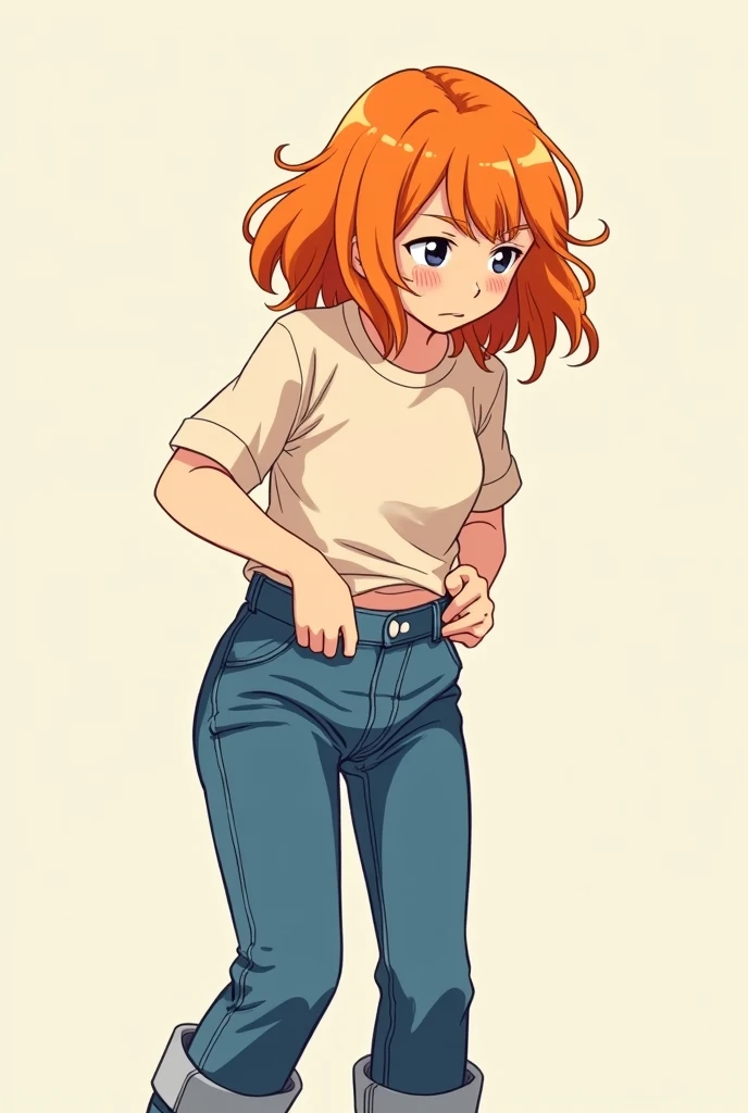 young girl Misty orange hair struggling to put on her high-waisted mom jeans shirtless Ichigo Mashimaro style