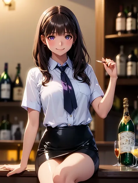  High Definition ,In 8K,  top quality ,  Details,  semi-realistic anime  , D-anime style  ,  Smooth Anime CG  ,  one girl ,  19-year-old Japanese woman on a luxury liner  , (( beauty)),  slim,modeling,(( Round Glowing Eyes  )),((  Wavy hair )),(((  Bar Cou...