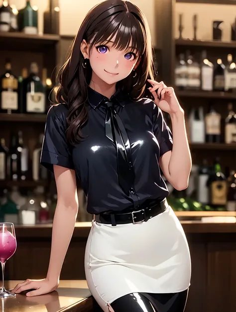  High Definition ,In 8K,  top quality ,  Details,  semi-realistic anime  , D-anime style  ,  Smooth Anime CG  ,  one girl ,  19-year-old Japanese woman on a luxury liner  , (( beauty)),  slim,modeling,(( Round Glowing Eyes  )),((  Wavy hair )),(((  Bar Cou...