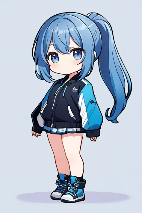  1 girl, solo,  long hair,  high resolution,  ponytail,  high resolution,  simple background, Blue Hair/ light blue hair, chibi-style